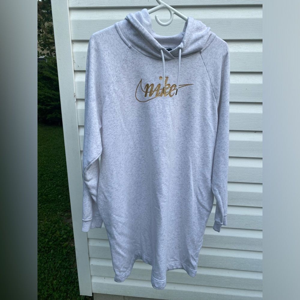 Nike Sweatshirt Tunic Dress Oversized Women’s Hoodie Gold Lettering Spell Out